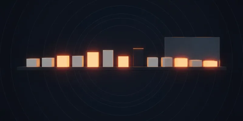 A row of unbranded product boxes on a dark shelf, some glowing amber, one standing dark, and a few half hidden behind a pane of frosted glass