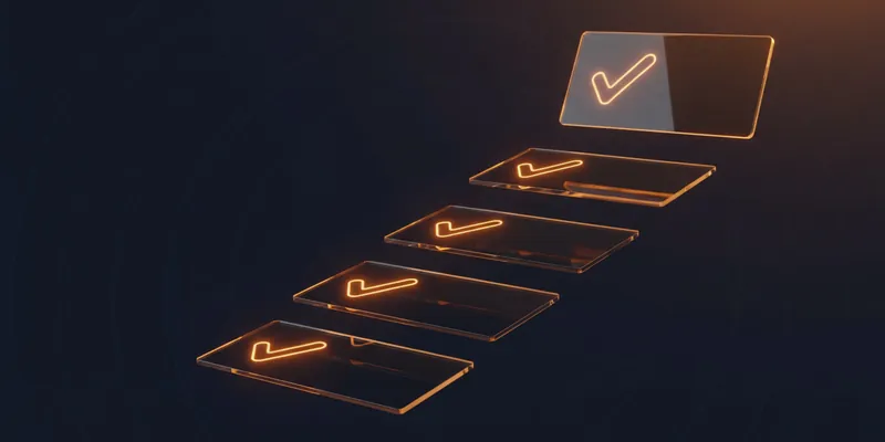 Five glass cards rising like steps through dark space, each marked with a glowing amber check mark