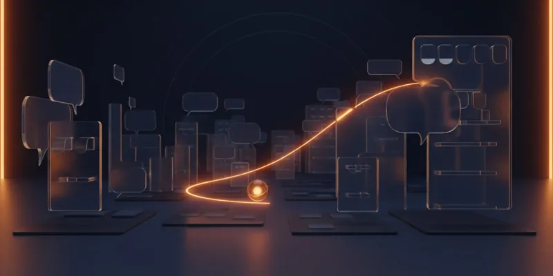 A glowing amber orb tracing a path of light through a stylized storefront made of floating glass product cards and chat bubbles