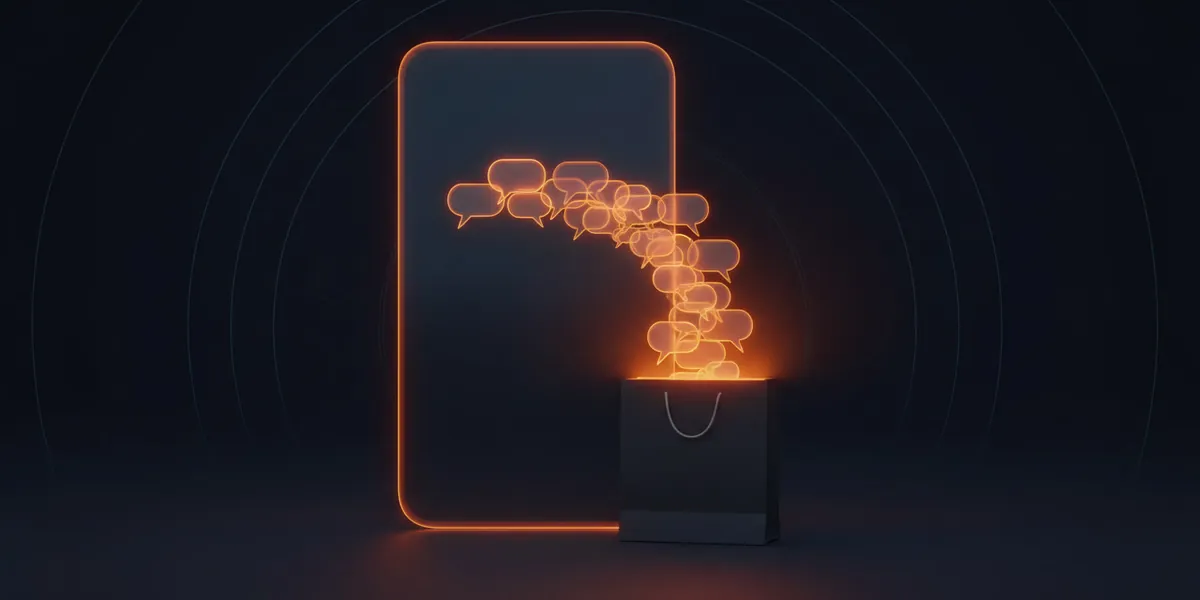 A phone-shaped slab of dark glass with a stream of glowing amber chat bubbles flowing out of it into a plain shopping bag
