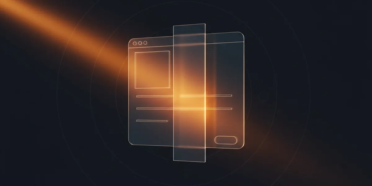 A beam of amber light reading a glass product-page wireframe, partly blocked by an upright pane of frosted glass standing in front of it