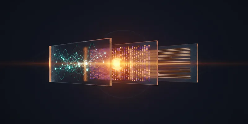 Three glass panels floating in dark space holding a node graph, rows of data cells and plain lines, with a beam of amber light passing through all three